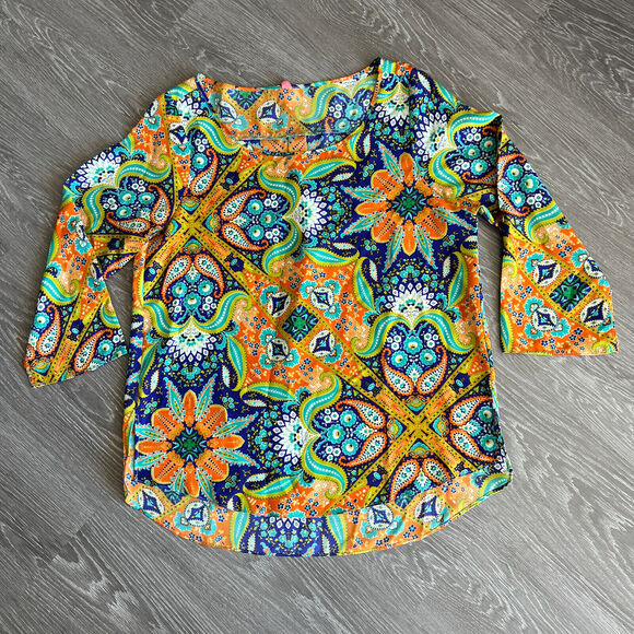 Eight Sixty Top Womens Medium Colorful Roll Up Sleeve Boho Hippie - Picture 1 of 14